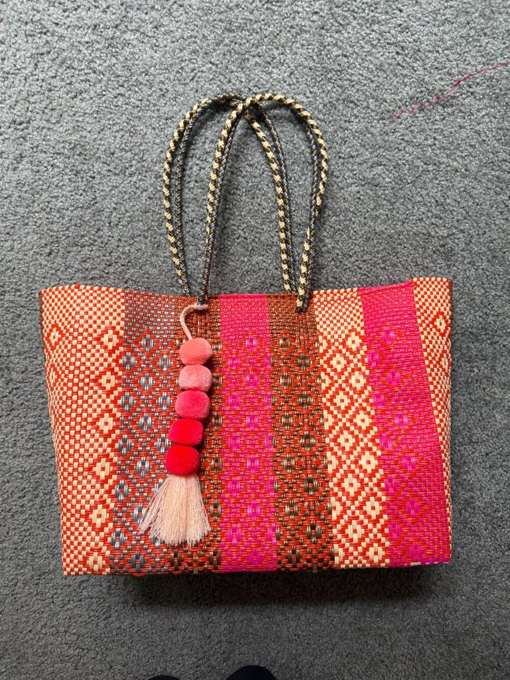 Handwoven tote bag with pompom tassel authentic handmade in Mexico